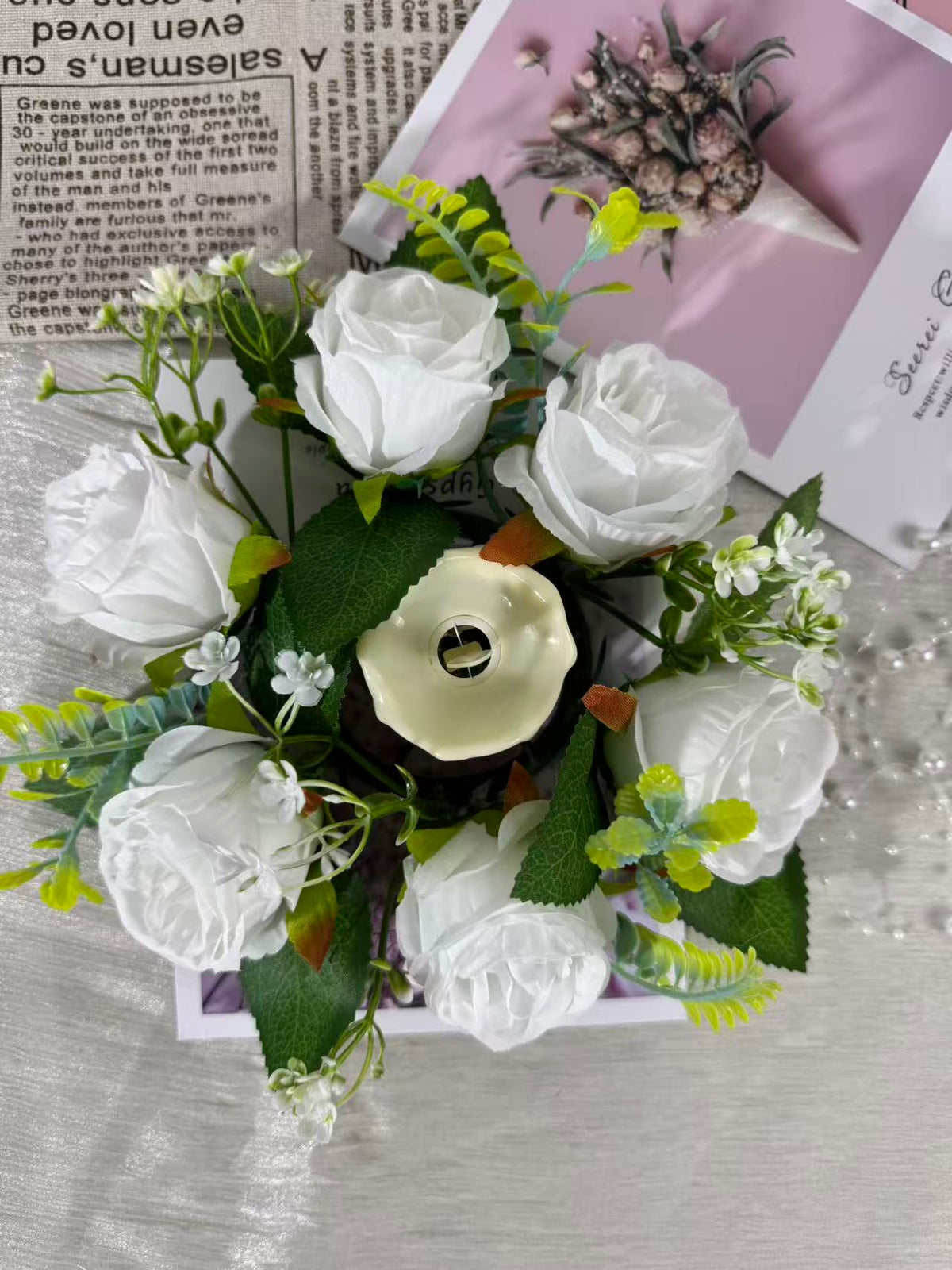 Aranjament floral cu lumânare decorativă, 6 capete, 30 cm, Ruyidecor