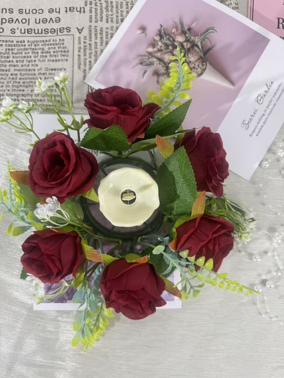 Aranjament floral cu lumânare decorativă, 6 capete, 30 cm, Ruyidecor