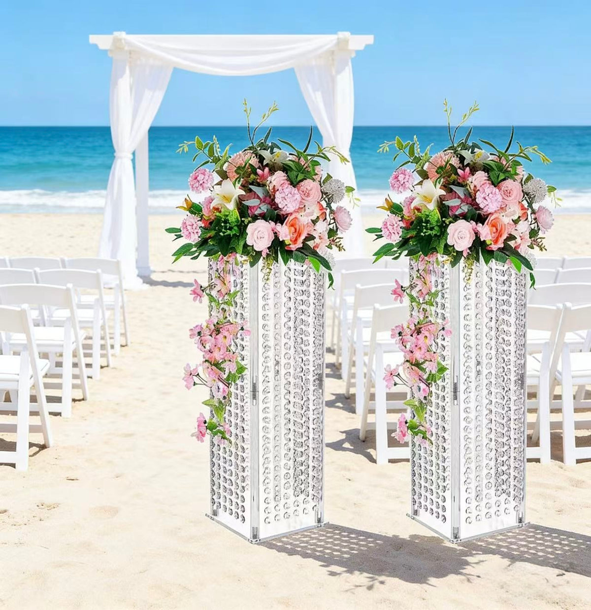 Set 4 suporturi decorative transparente cu cristale tip perdea, pentru aranjamente florale, înălțimi 40/60/80/100 cm (fără flori)