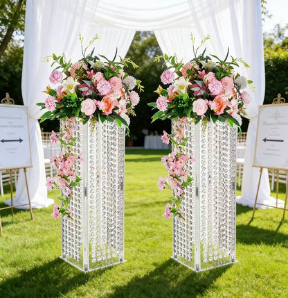 Set 4 suporturi decorative transparente cu cristale tip perdea, pentru aranjamente florale, înălțimi 40/60/80/100 cm (fără flori)