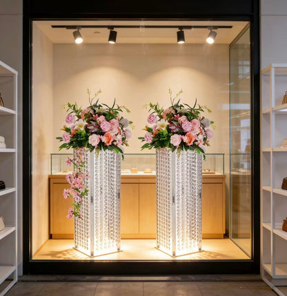 Set 4 suporturi decorative transparente cu cristale tip perdea, pentru aranjamente florale, înălțimi 40/60/80/100 cm (fără flori)