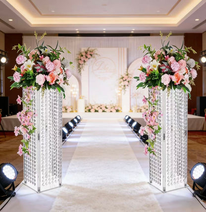 Set 4 suporturi decorative transparente cu cristale tip perdea, pentru aranjamente florale, înălțimi 40/60/80/100 cm (fără flori)