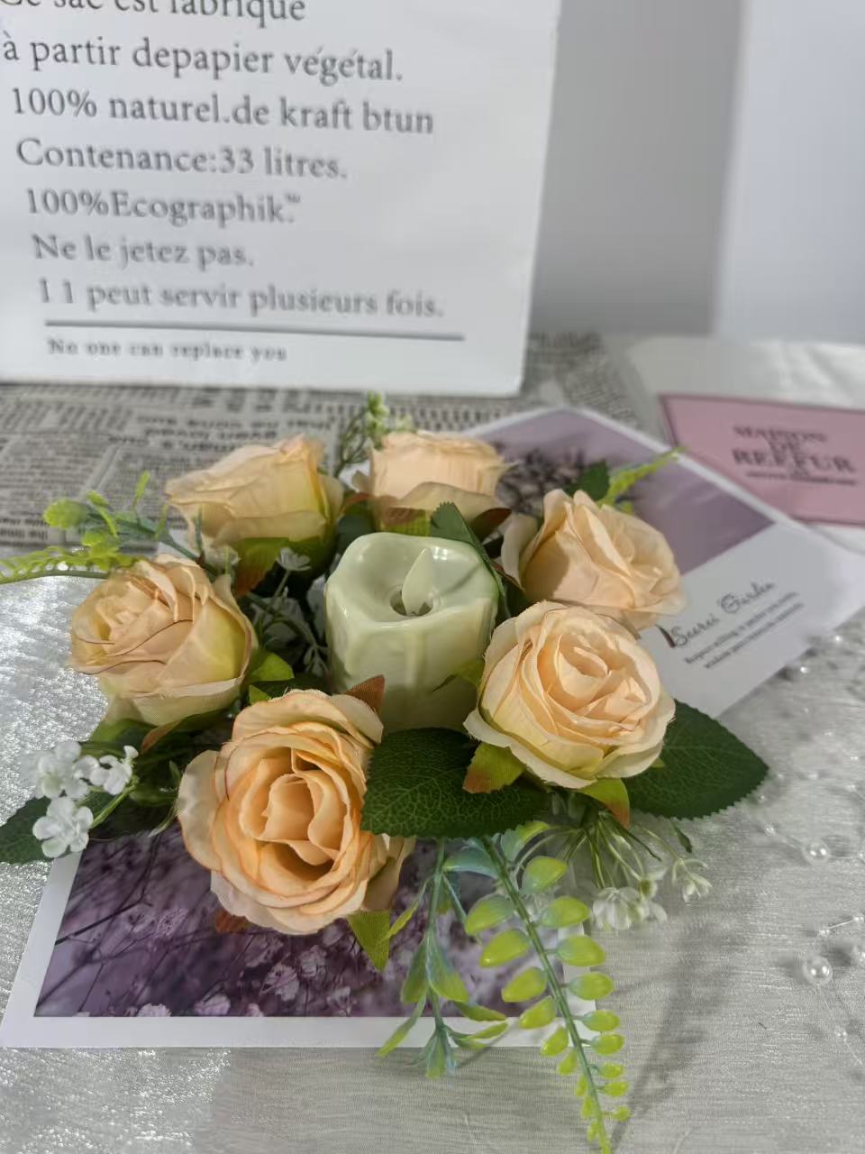 Aranjament floral cu lumânare decorativă, 6 capete, 30 cm, Ruyidecor