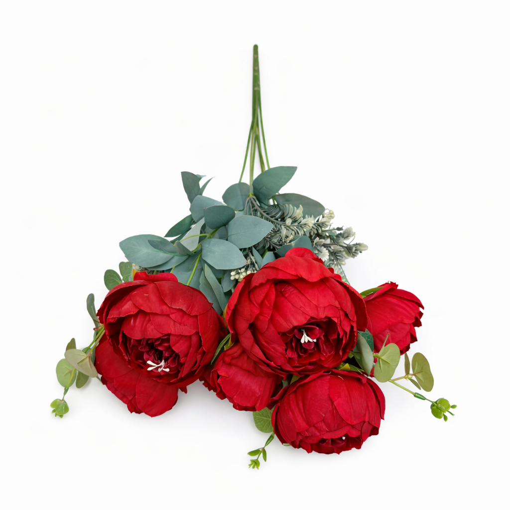 Floare Artificiala Tip Bujor Premium 50 cm, 8 Capete Florale, cu Frunze Decorative