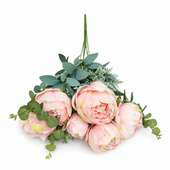 Floare Artificiala Tip Bujor Premium 50 cm, 8 Capete Florale, cu Frunze Decorative