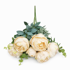 Floare Artificiala Tip Bujor Premium 50 cm, 8 Capete Florale, cu Frunze Decorative