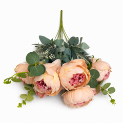 Floare Artificiala Tip Bujor Premium 50 cm, 8 Capete Florale, cu Frunze Decorative