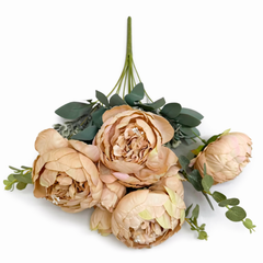 Floare Artificiala Tip Bujor Premium 50 cm, 8 Capete Florale, cu Frunze Decorative