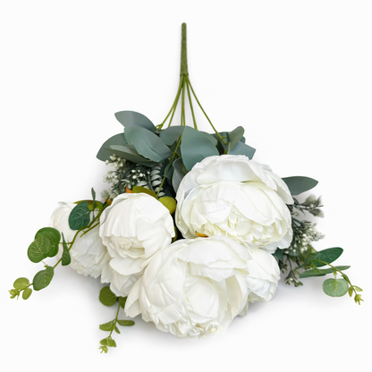 Floare Artificiala Tip Bujor Premium 50 cm, 8 Capete Florale, cu Frunze Decorative