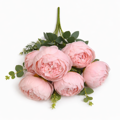 Floare Artificiala Tip Bujor Premium 50 cm, 8 Capete Florale, cu Frunze Decorative
