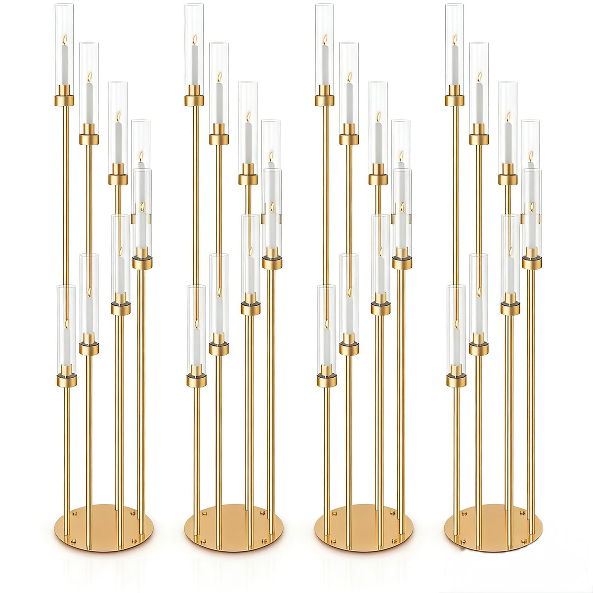 Set 4 sfeșnice decorative aurii cu 8 suporturi lumânări, design modern elegant, înălțime 128 cm (fără lumânări)