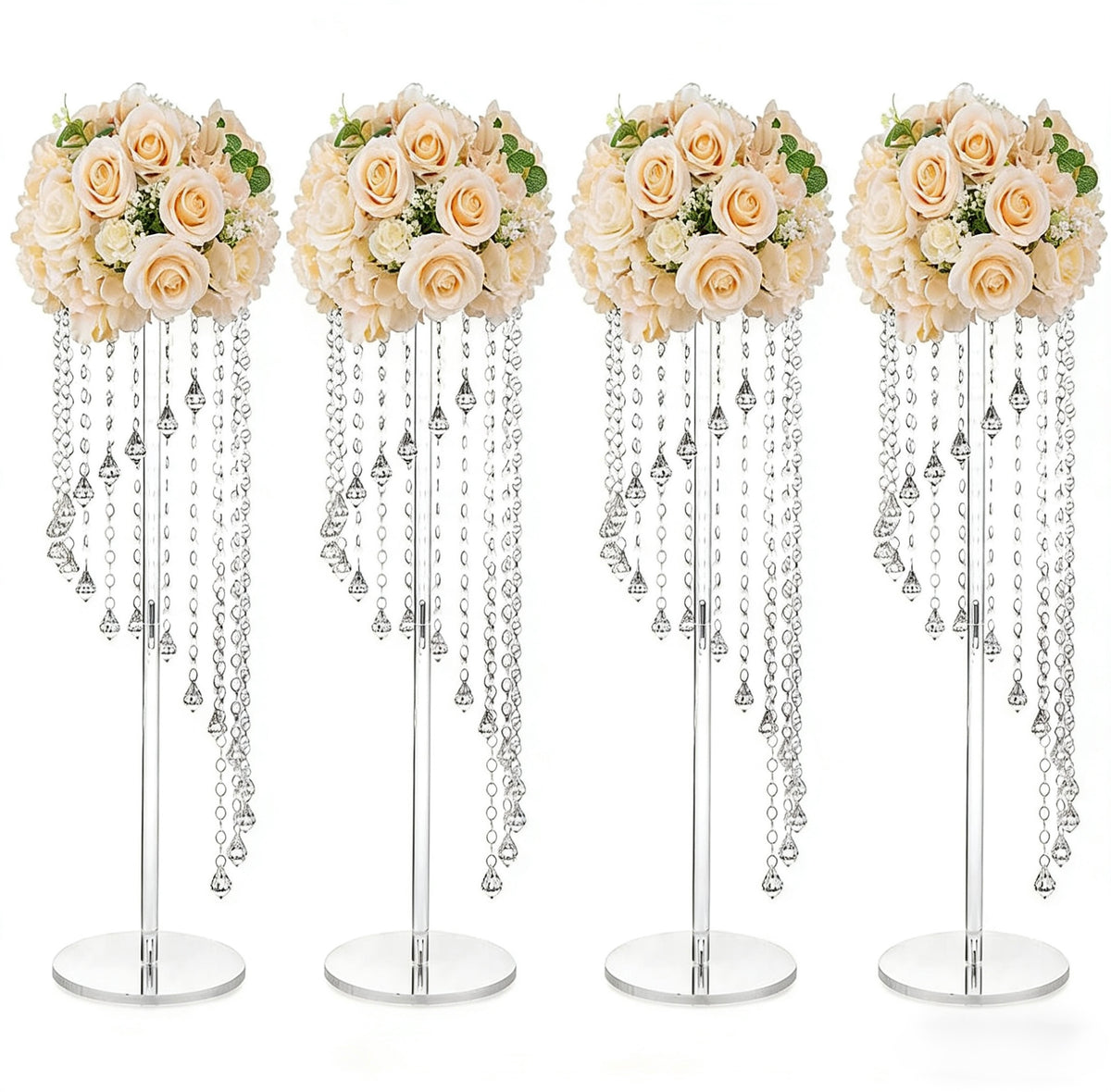 Set 4 suporturi decorative transparente cu cristale suspendate, design elegant pentru aranjamente florale, înălțimi 60 cm sau 80 cm (fără flori)
