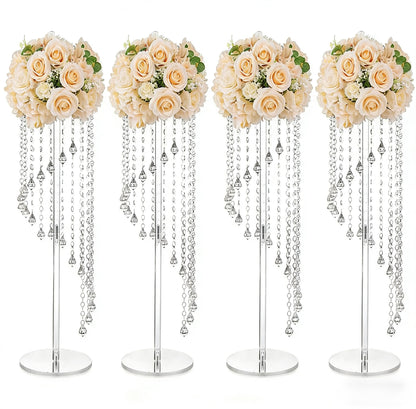 Set 4 suporturi decorative transparente cu cristale suspendate, design elegant pentru aranjamente florale, înălțimi 60 cm sau 80 cm (fără flori)