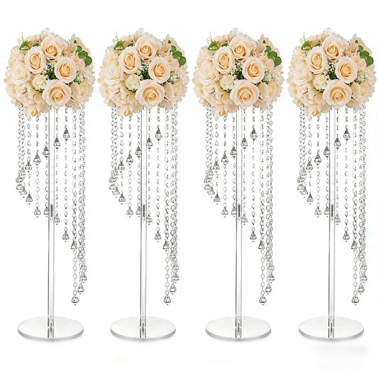Set 4 suporturi decorative transparente cu cristale suspendate, design elegant pentru aranjamente florale, înălțimi 60 cm sau 80 cm (fără flori)