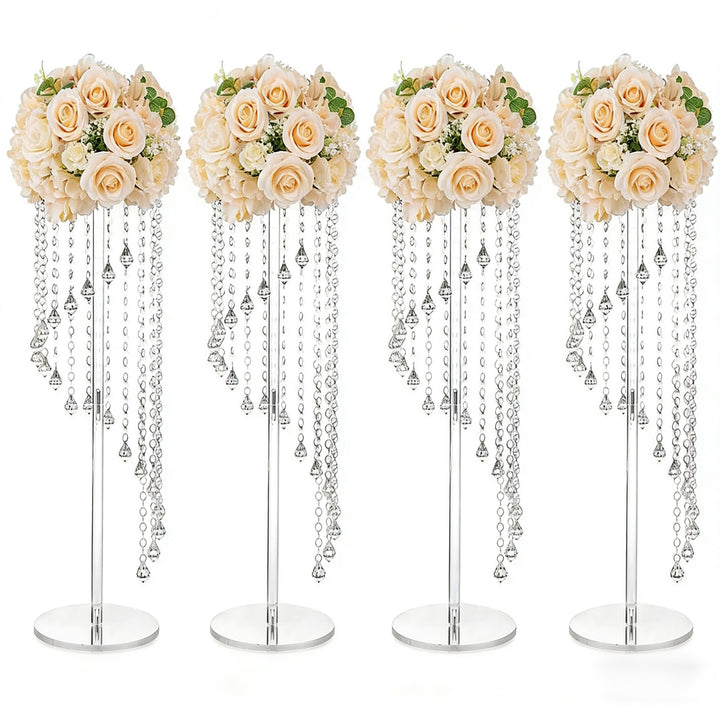 Set 4 suporturi decorative transparente cu cristale suspendate, design elegant pentru aranjamente florale, înălțimi 60 cm sau 80 cm (fără flori)