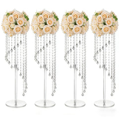 Set 4 suporturi decorative transparente cu cristale suspendate, design elegant pentru aranjamente florale, înălțimi 60 cm sau 80 cm (fără flori)
