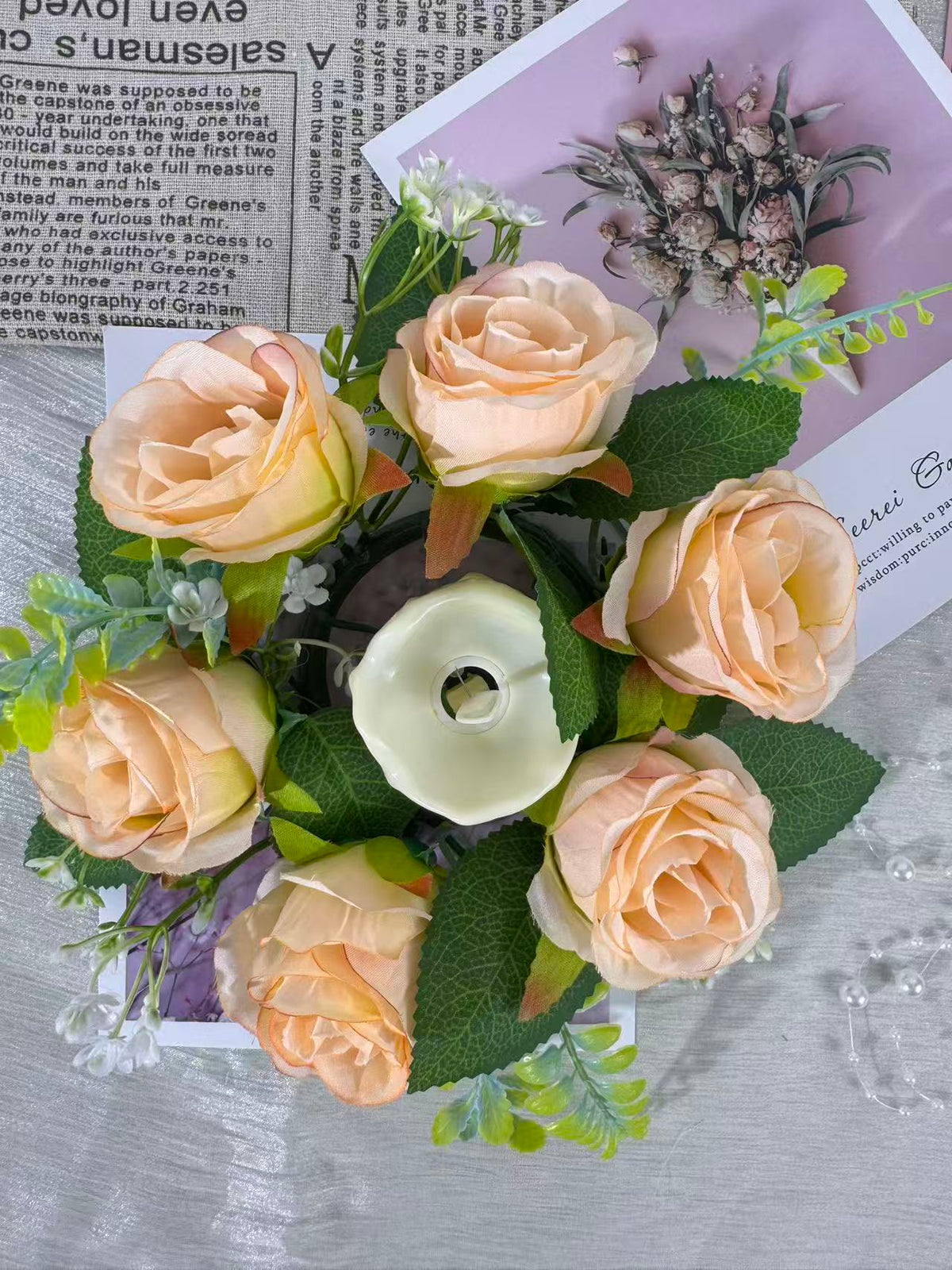 Aranjament floral cu lumânare decorativă, 6 capete, 30 cm, Ruyidecor
