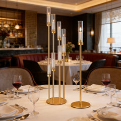 Set 4 sfeșnice decorative aurii cu 8 suporturi lumânări, design modern elegant, înălțime 128 cm (fără lumânări)
