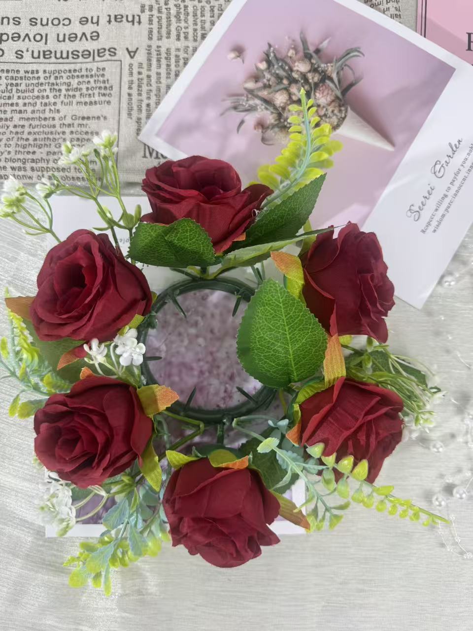 Aranjament floral cu lumânare decorativă, 6 capete, 30 cm, Ruyidecor