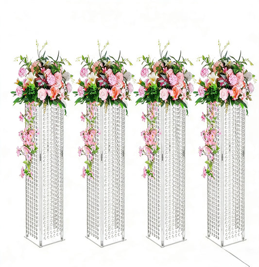 Set 4 suporturi decorative transparente cu cristale tip perdea, pentru aranjamente florale, înălțimi 40/60/80/100 cm (fără flori)