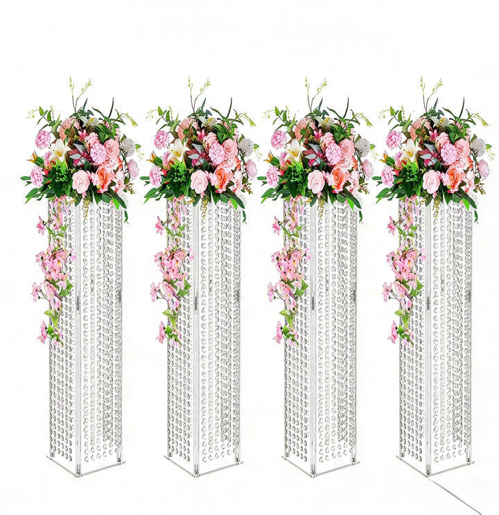 Set 4 suporturi decorative transparente cu cristale tip perdea, pentru aranjamente florale, înălțimi 40/60/80/100 cm (fără flori)