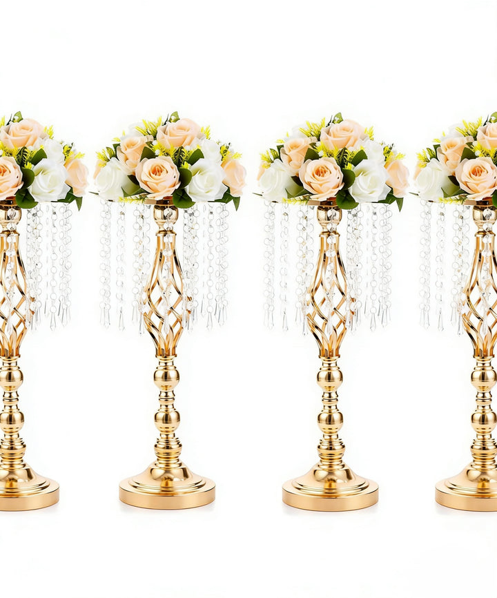 Set 4 suporturi decorative aurii cu cristale suspendate, design elegant pentru aranjamente florale, înălțimi 43 cm sau 58 cm (fără flori)