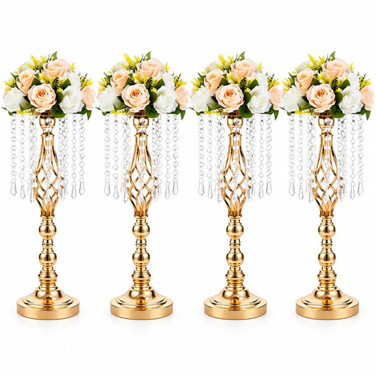 Set 4 suporturi decorative aurii cu cristale suspendate, design elegant pentru aranjamente florale, înălțimi 43 cm sau 58 cm (fără flori)