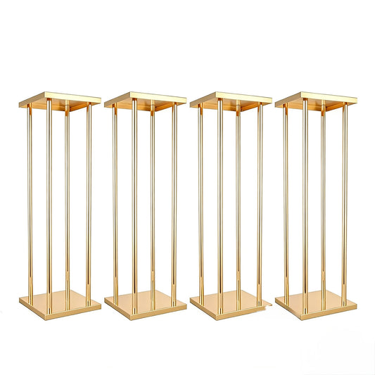 Set 4 suporturi decorative aurii tip piedestal, design modern geometric, înălțimi diferite