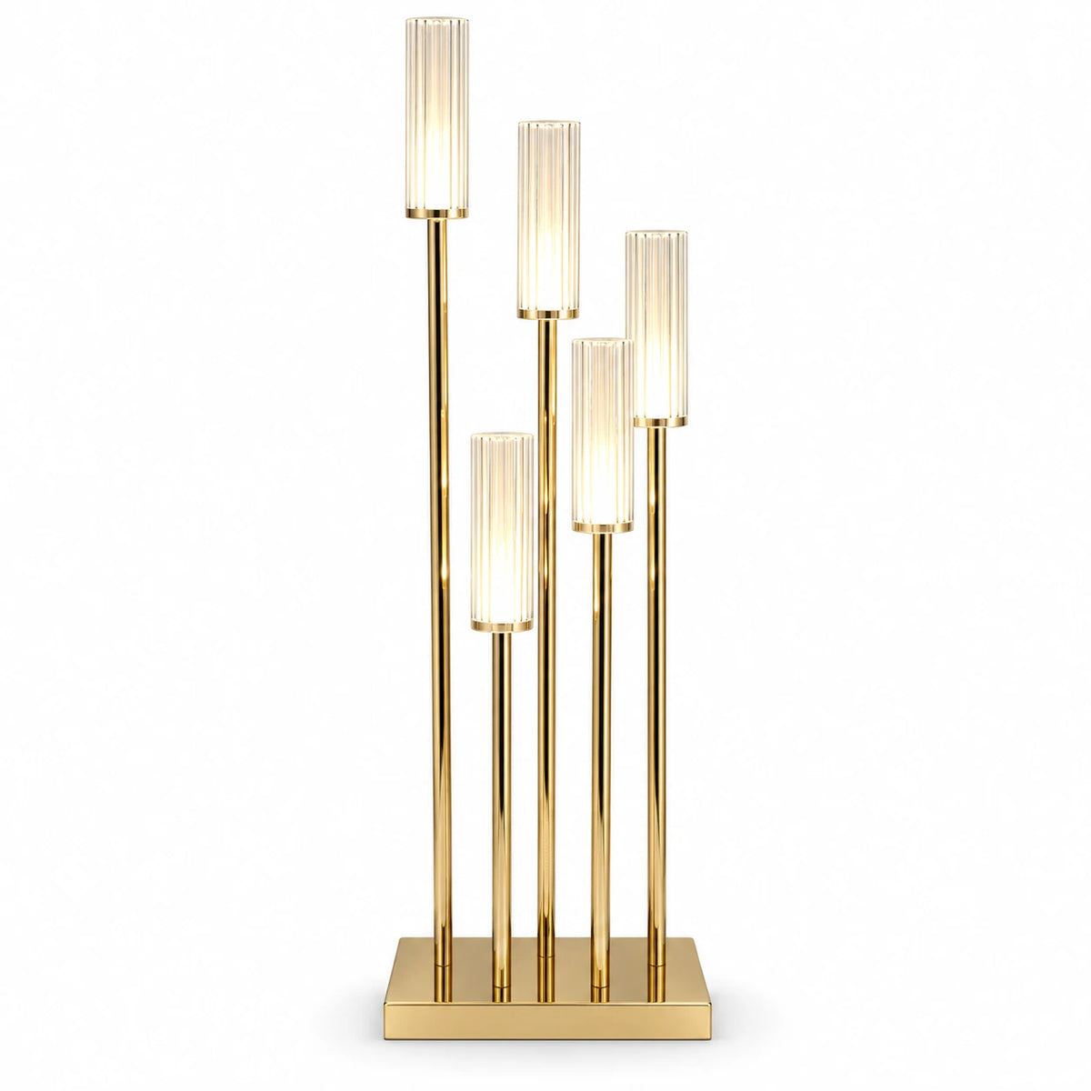 Sfeșnic auriu din metal cu 5 capete cu led lumină caldă , special pentru evenimentul tău , elegant și strălucitor