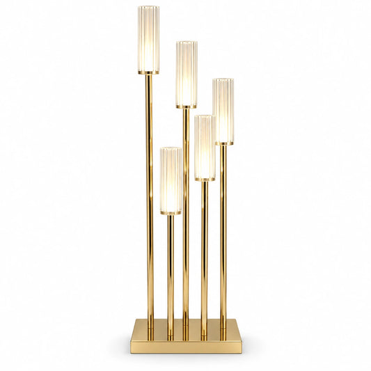 Sfeșnic auriu din metal cu 5 capete cu led lumină caldă , special pentru evenimentul tău , elegant și strălucitor