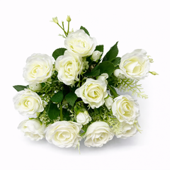 Aranjament Floral Artificial Alb 30 cm, Trandafiri Decorativi cu Frunze Verzi