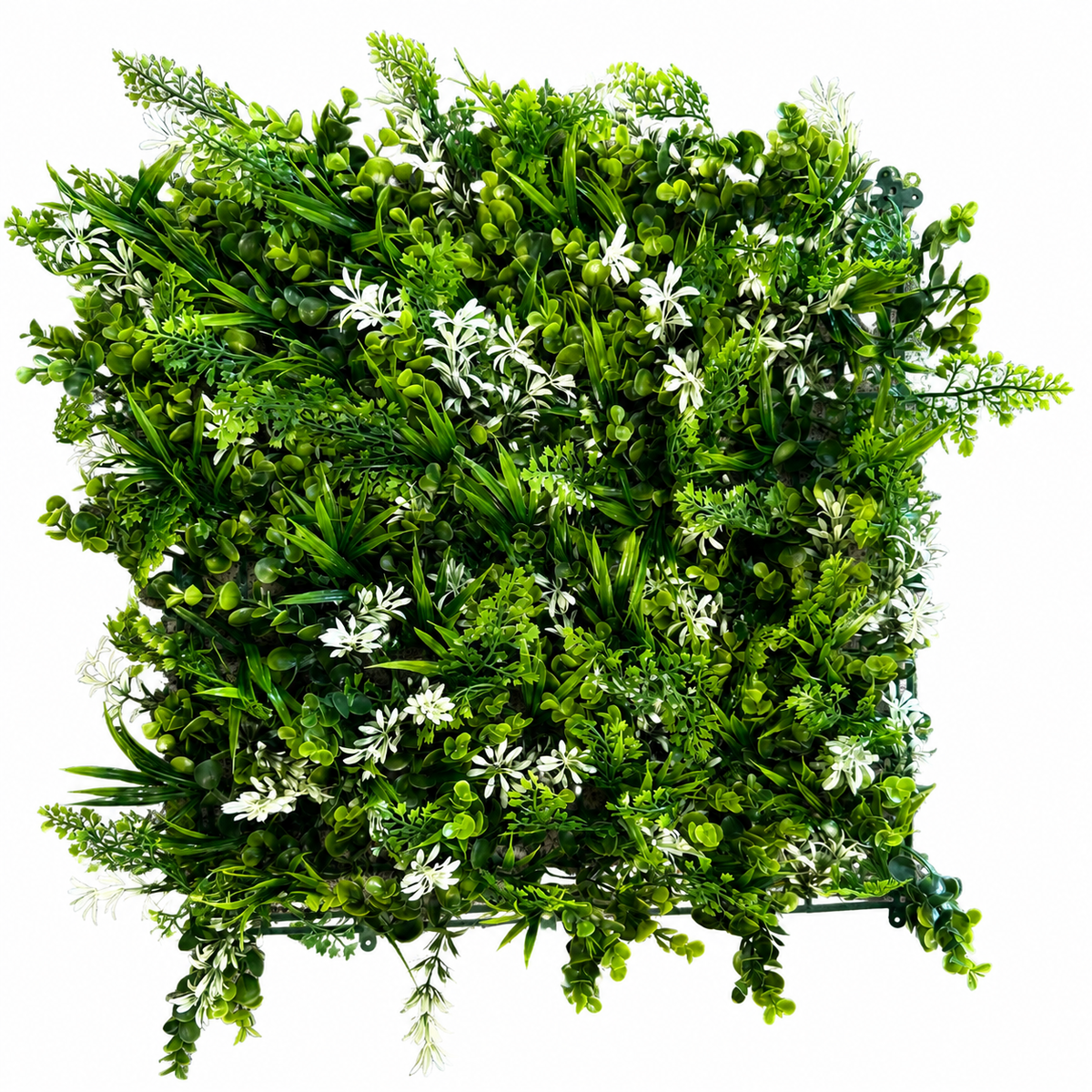 Panou Decorativ Artificial cu Verdeață Mix și Accente Florale Albe, 50 x 50 cm