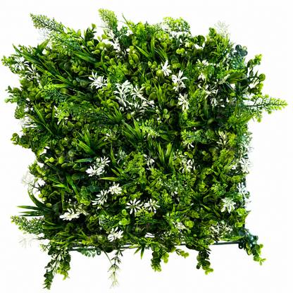 Panou Decorativ Artificial cu Verdeață Mix și Accente Florale Albe, 50 x 50 cm