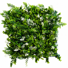 Panou Decorativ Artificial cu Verdeață Mix și Accente Florale Albe, 50 x 50 cm