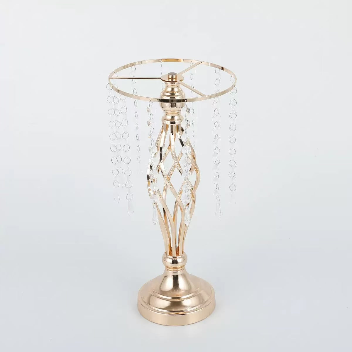 Set 4 suporturi decorative aurii cu cristale suspendate, design elegant pentru aranjamente florale, înălțimi 43 cm sau 58 cm (fără flori)