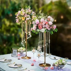 Set 4 suporturi decorative aurii cu cristale suspendate, pentru aranjamente florale elegante, înălțimi 70 cm sau 90 cm (fără flori)