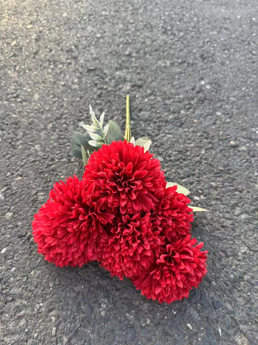Buchet artificial cu flori tip pompon, 45 cm, rosu, Ruyidecor