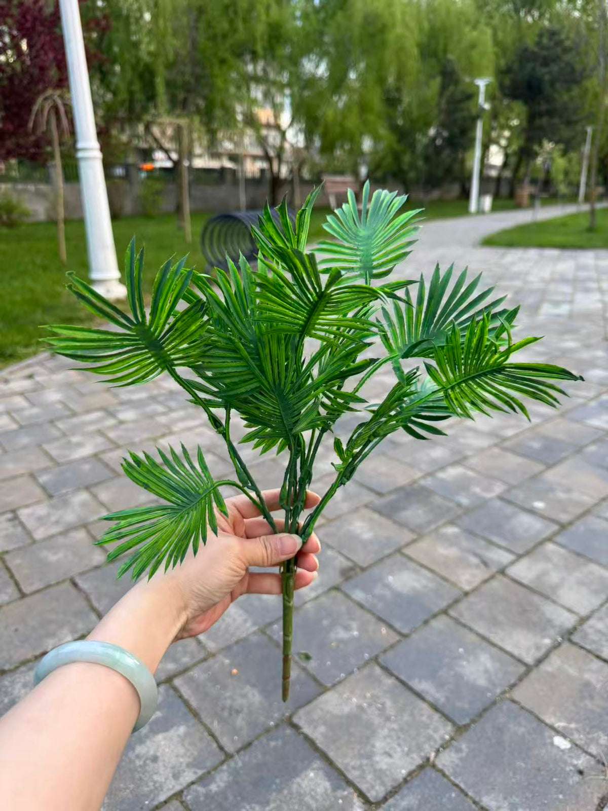 Buchet artificial cu frunze tip palmier evantai, 40 cm, verde, Ruyidecor