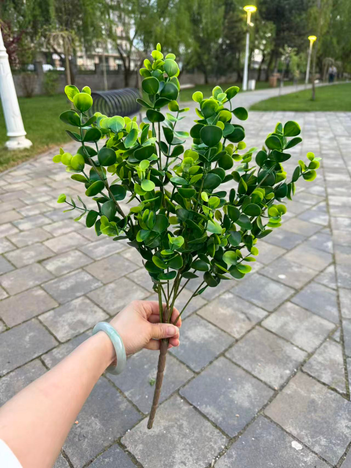 Buchet artificial tip merisor cu frunze rotunde, 50 cm, verde, Ruyidecor