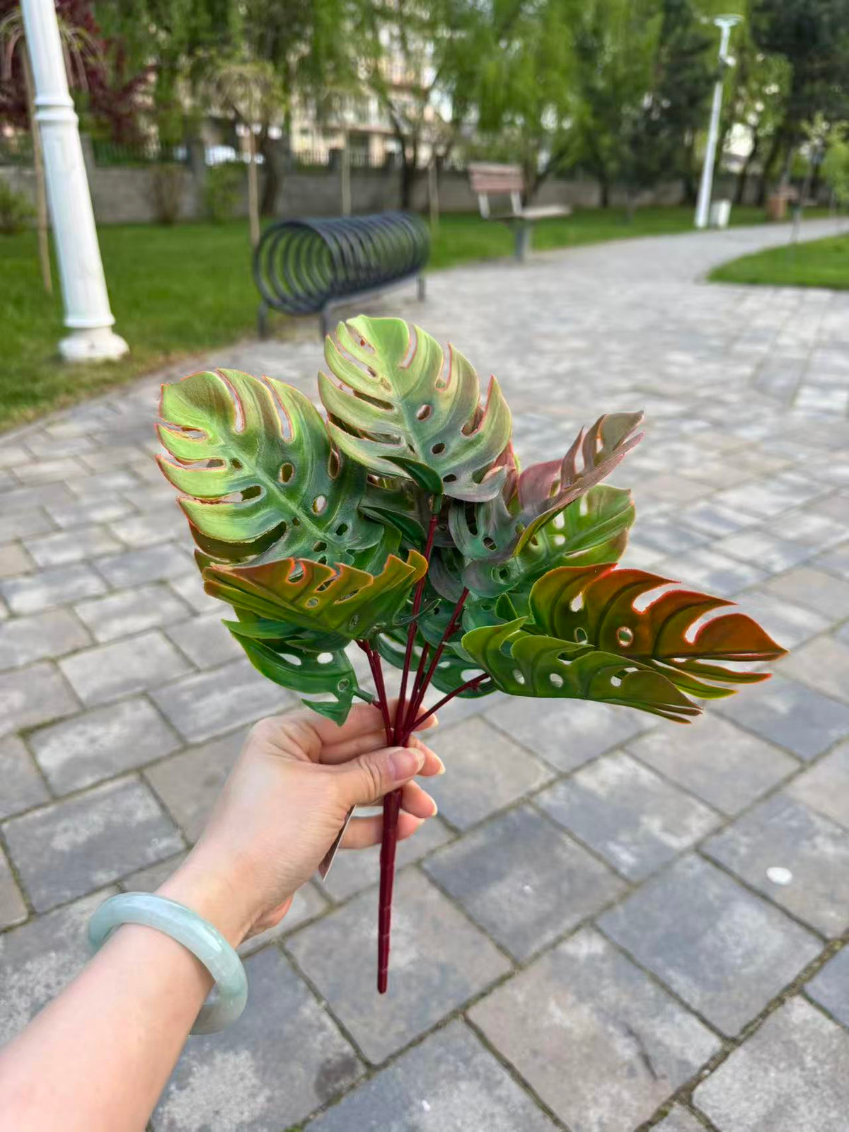 Buchet artificial Monstera, 40 cm, verde-roscat, Ruyidecor