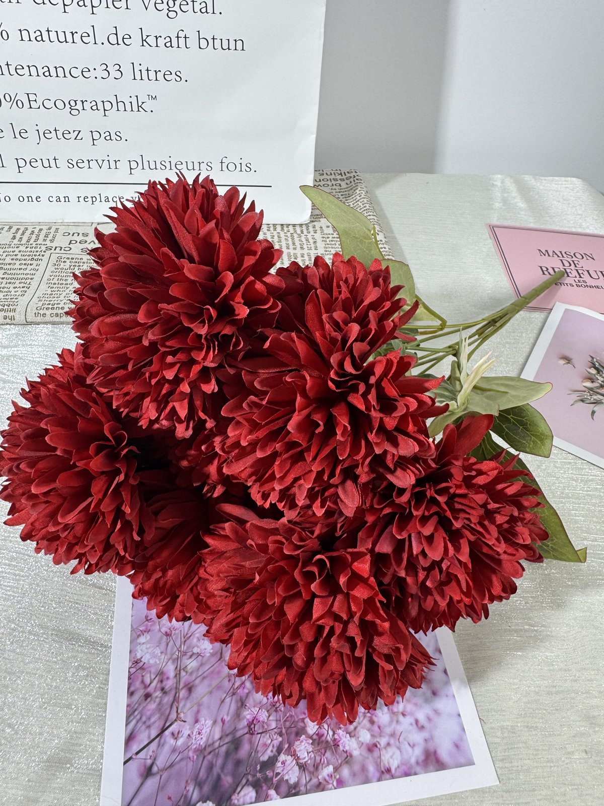 Buchet crizanteme artificiale, 7 flori, 45 cm, bordo, Ruyidecor