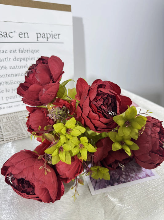 Buchet de bujori artificiali cu tije si frunze, 7 flori, 45 cm, bordo, Ruyidecor