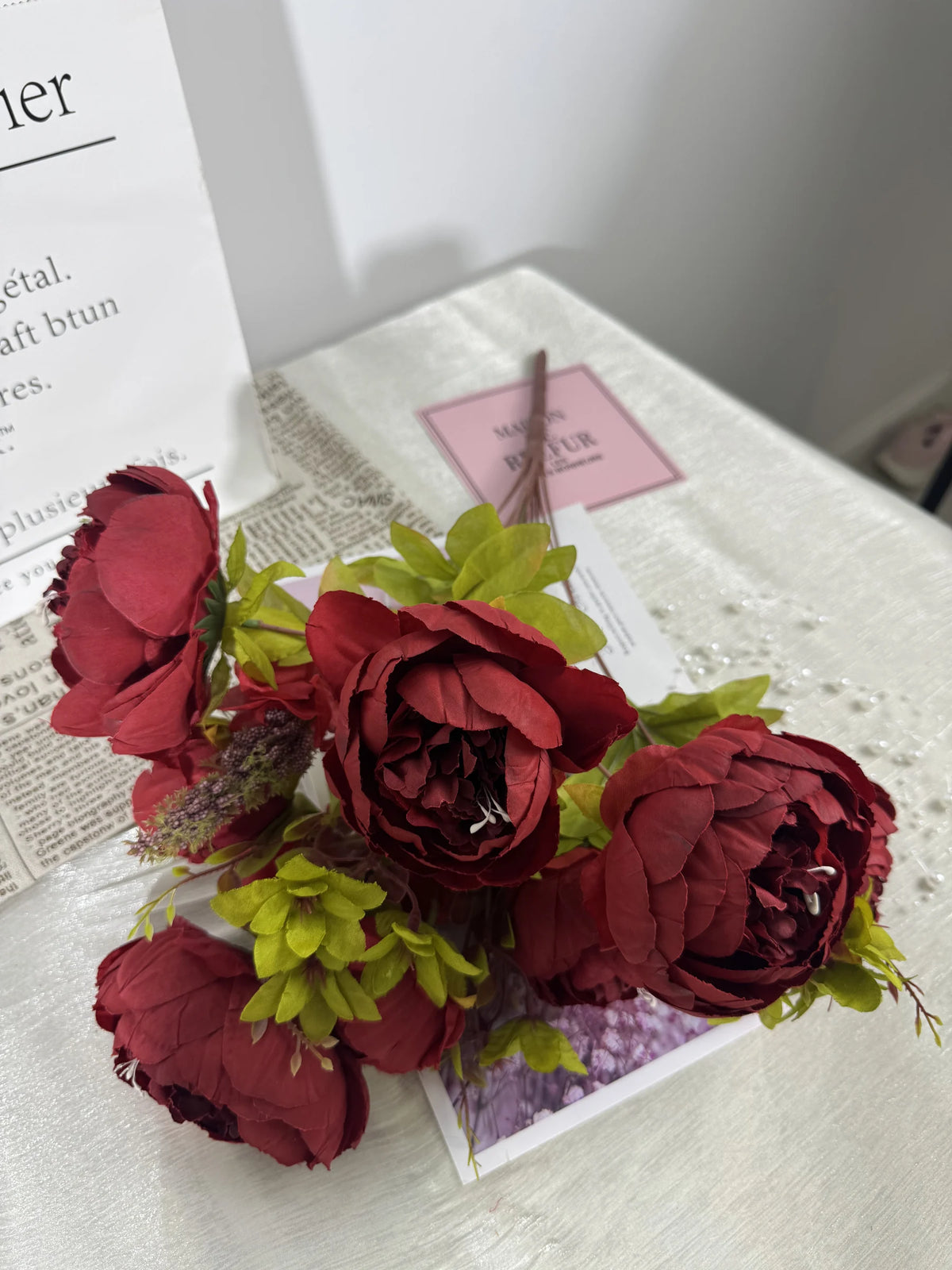 Buchet de bujori artificiali cu tije si frunze, 7 flori, 45 cm, bordo, Ruyidecor