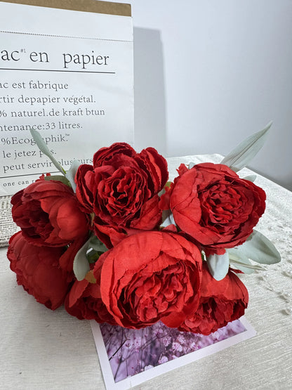 Buchet de ranunculus artificial cu tija, 7 flori, 45 cm, rosu, Ruyidecor