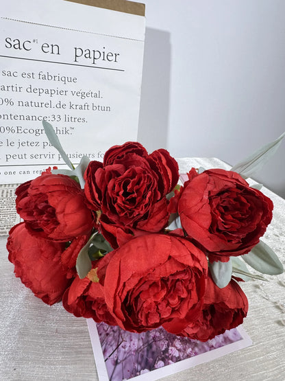 Buchet de ranunculus artificial cu tija, 7 flori, 45 cm, rosu, Ruyidecor