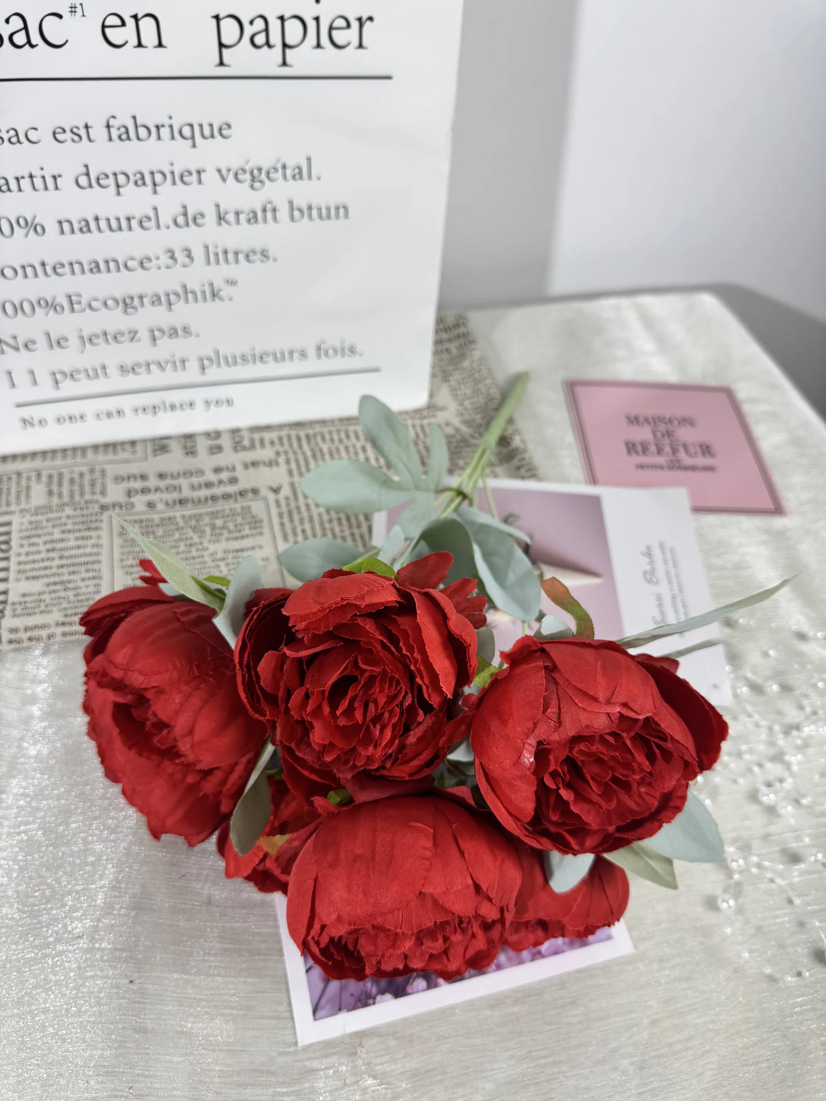 Buchet de ranunculus artificial cu tija, 7 flori, 45 cm, rosu, Ruyidecor