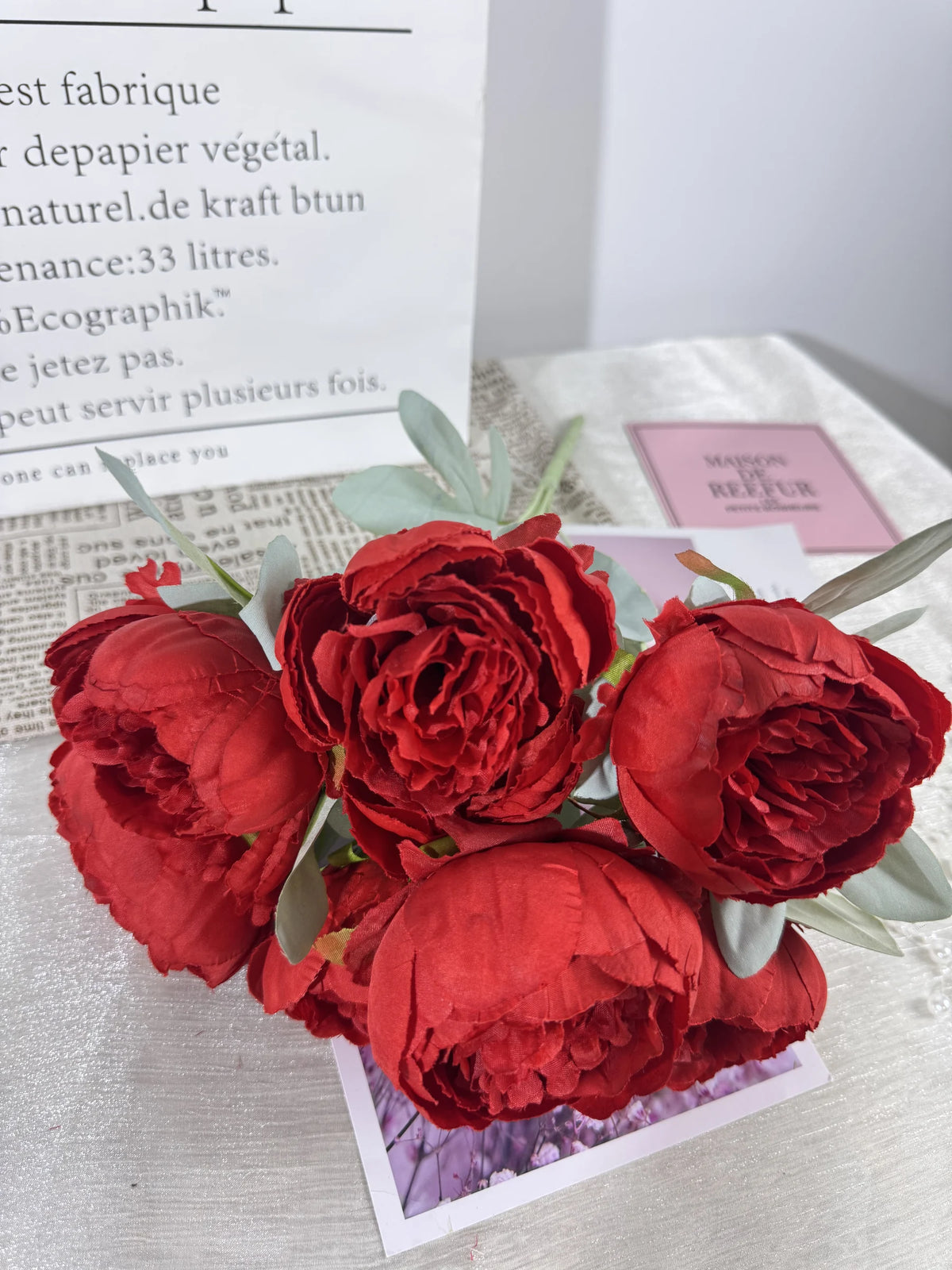 Buchet de ranunculus artificial cu tija, 7 flori, 45 cm, rosu, Ruyidecor