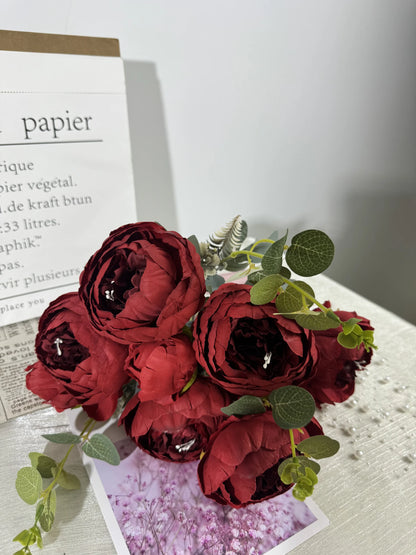 Buchet de trandafiri artificiali, 9 flori, 45 cm, bordo, Ruyidecor