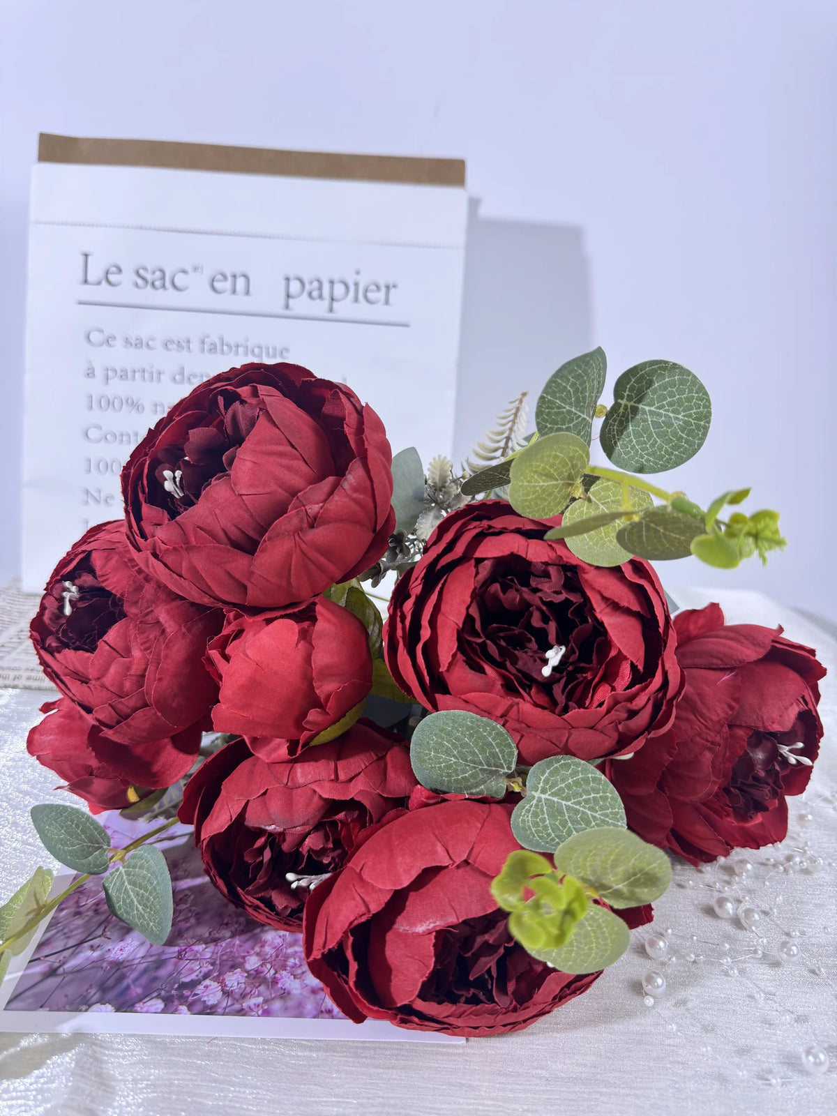 Buchet de trandafiri artificiali, 9 flori, 45 cm, bordo, Ruyidecor