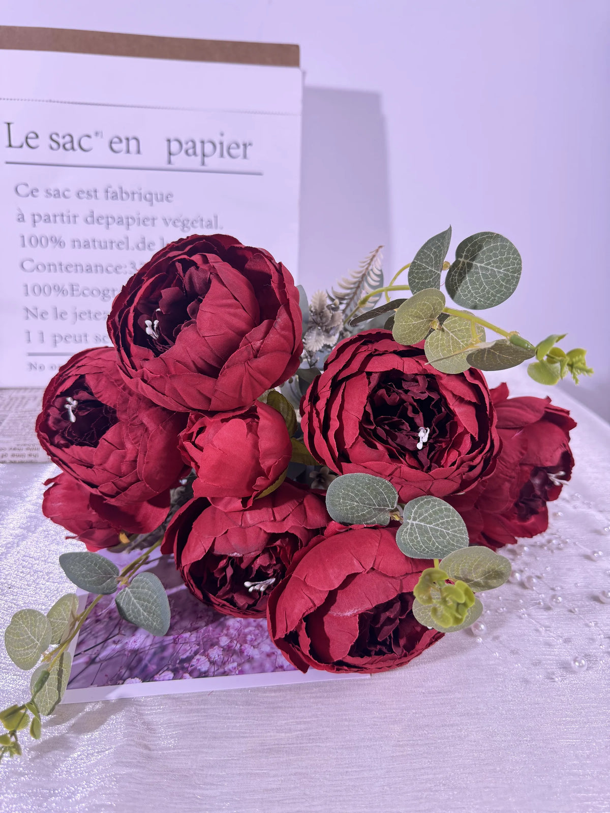 Buchet de trandafiri artificiali, 9 flori, 45 cm, bordo, Ruyidecor